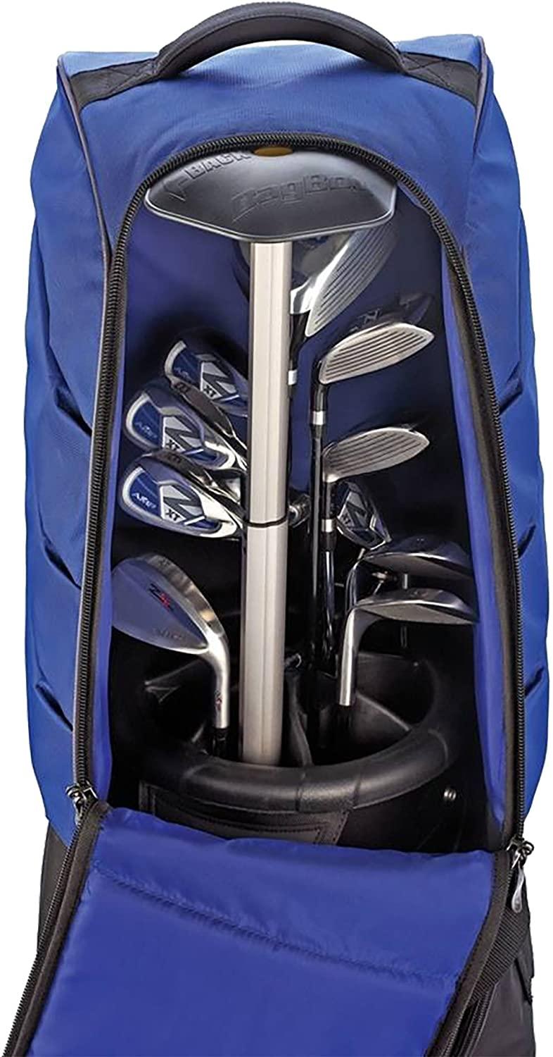 Golf travel bag with clubs and protective support, blue cover, Epic Golf equipment