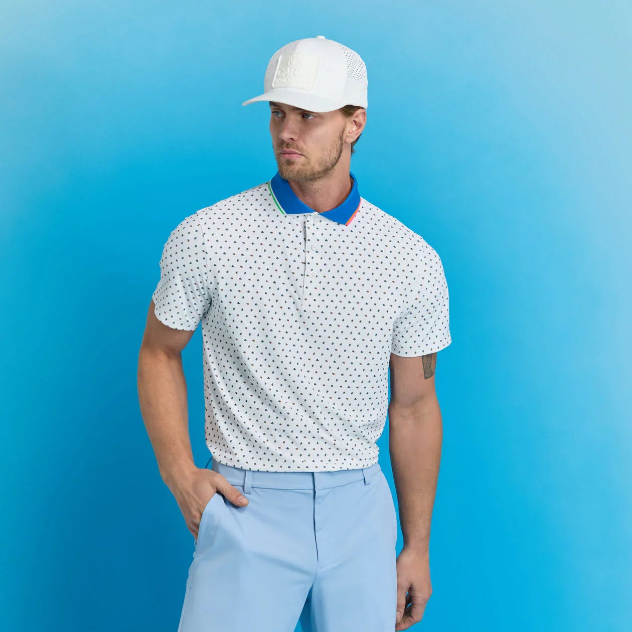 G/Fore Męskie Polo Ditsy Floral Tech Piqué White - Epic Golf