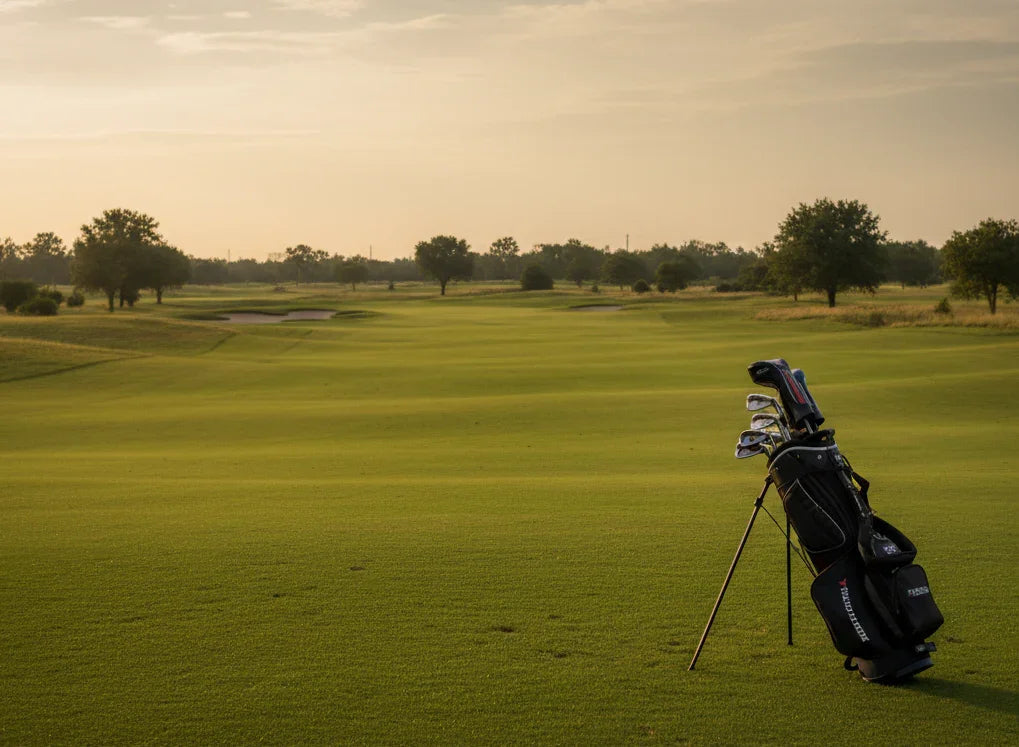 Pole golfowe z czarną torbą ze sprzętem golfowym