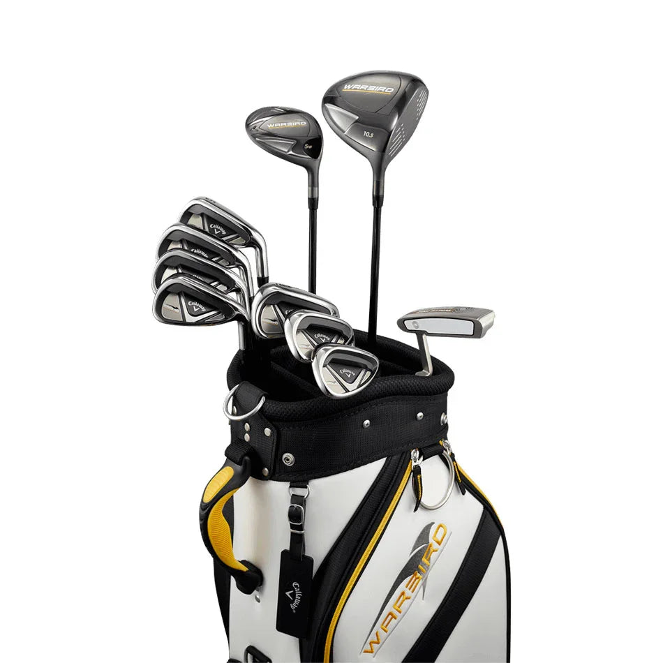 Kije golfowe z zestawu Callaway Warbird 14PC, w tym driver, drewno fairway, irony i putter, umieszczone w torbie